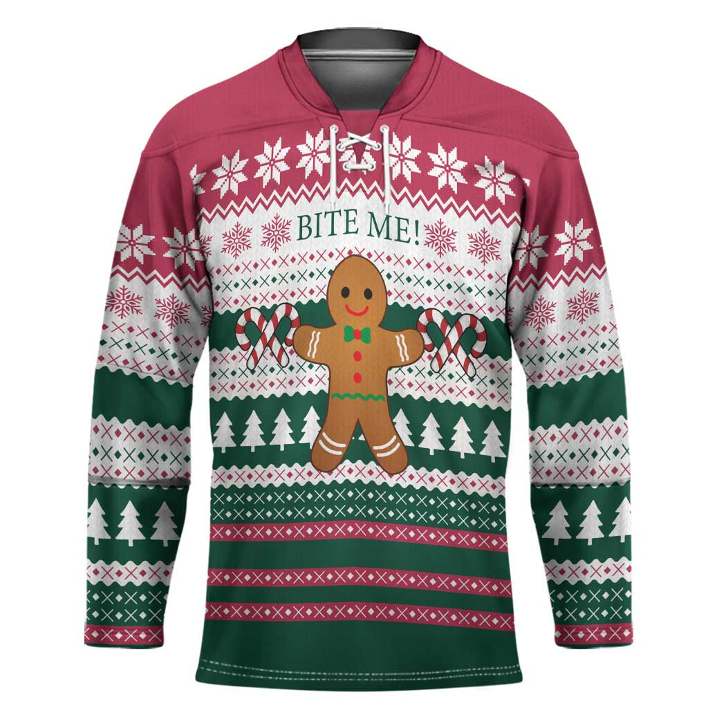 Christmas Cookies Bite Me Hockey Jersey with Gingerbread Man Candy Canes and Snowflake Tree - Wonder Print Shop
