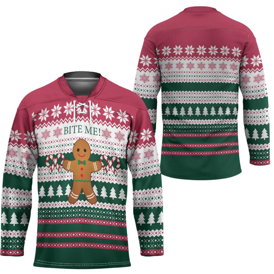Christmas Cookies Bite Me Hockey Jersey with Gingerbread Man Candy Canes and Snowflake Tree - Wonder Print Shop
