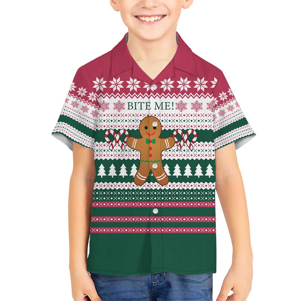 Christmas Cookies Bite Me Kid Hawaiian Shirt with Gingerbread Man Candy Canes and Snowflake Tree - Wonder Print Shop