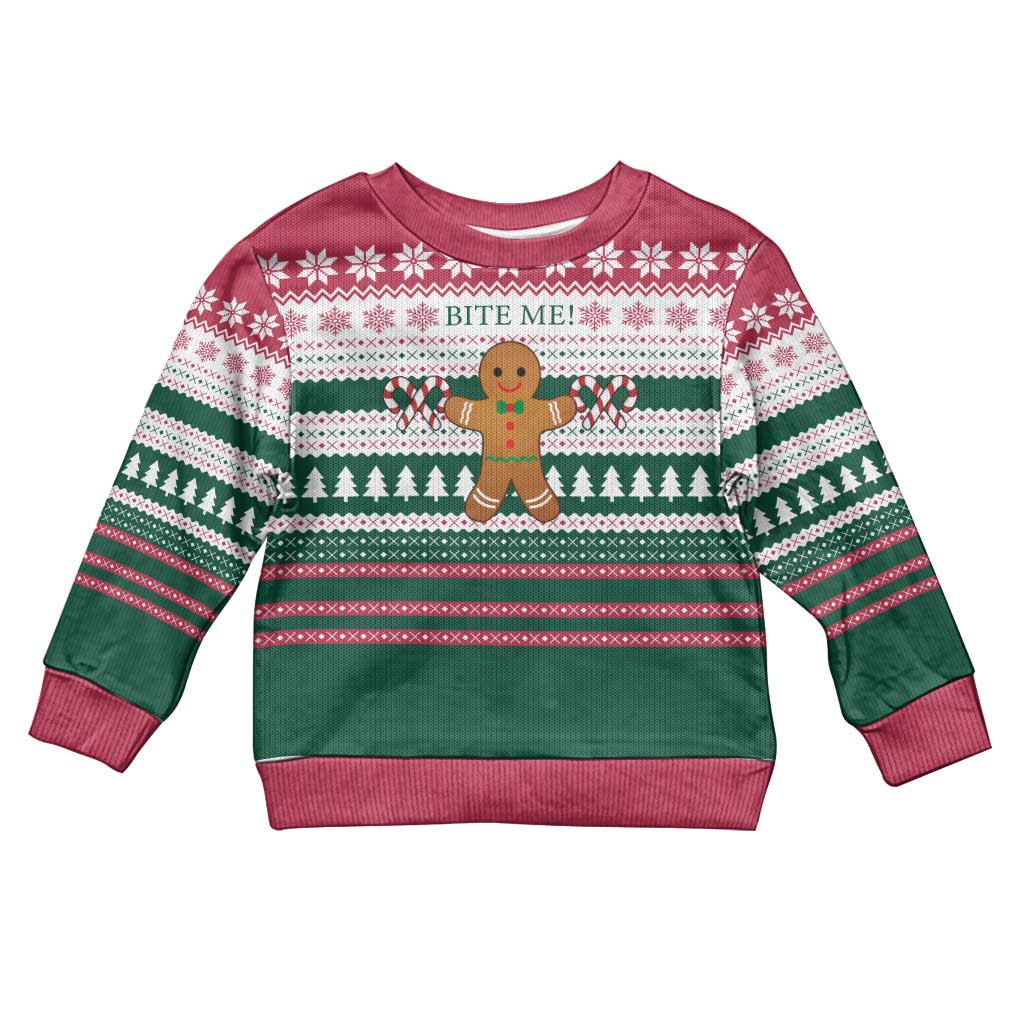 Christmas Cookies Bite Me Kid Ugly Christmas Sweater with Gingerbread Man Candy Canes and Snowflake Tree - Wonder Print Shop