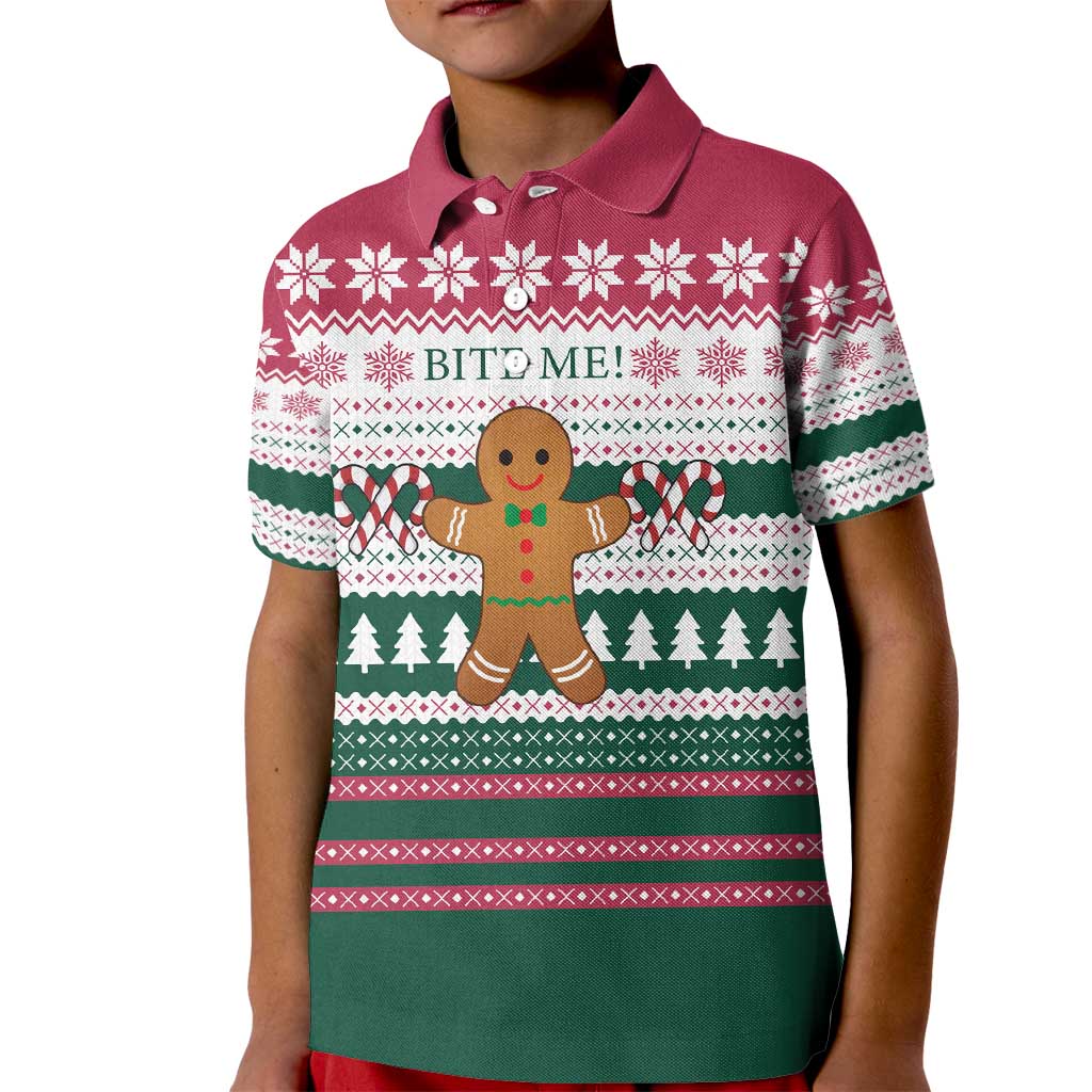 Christmas Cookies Bite Me Kid Polo Shirt with Gingerbread Man Candy Canes and Snowflake Tree - Wonder Print Shop