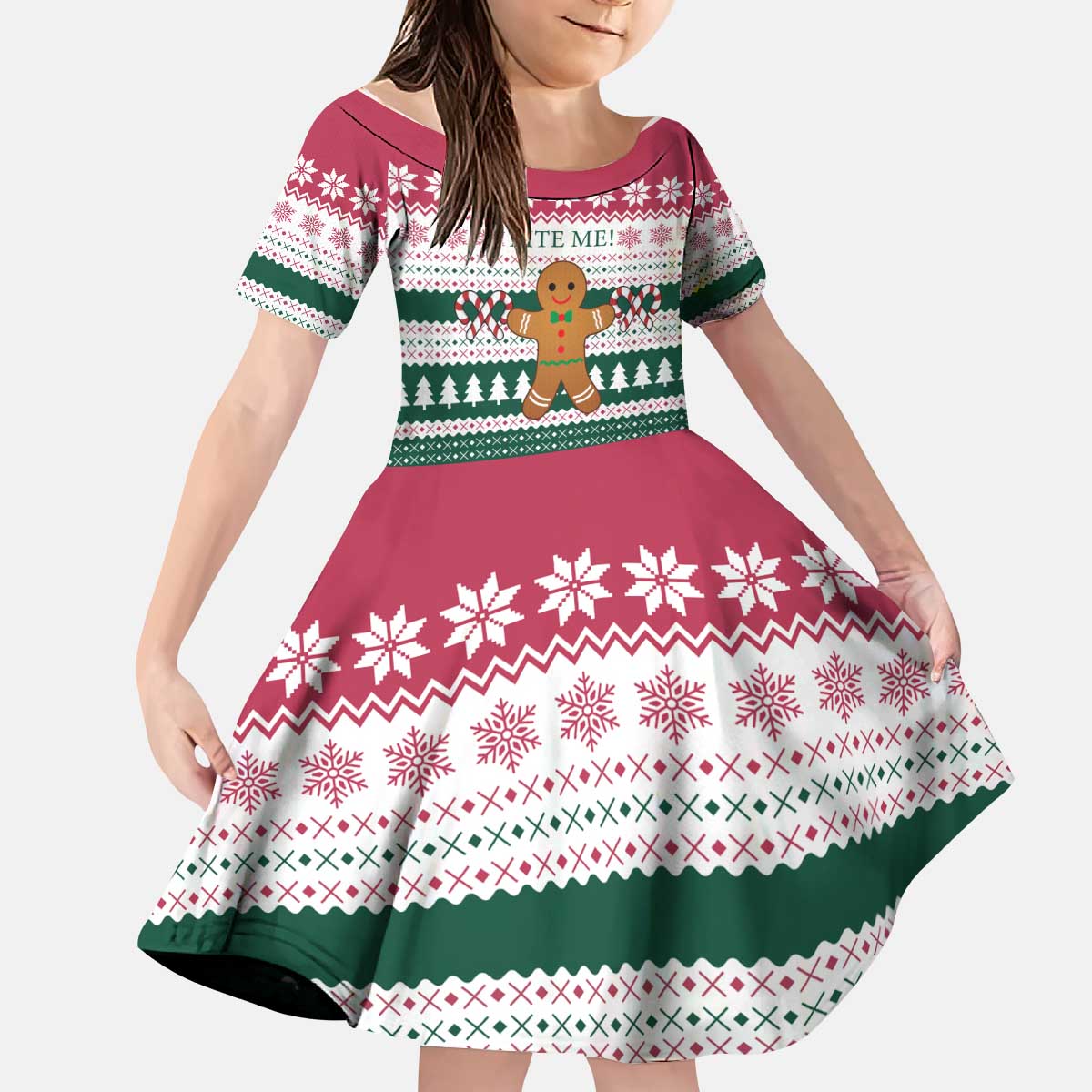 Christmas Cookies Bite Me Kid Short Sleeve Dress with Gingerbread Man Candy Canes and Snowflake Tree - Wonder Print Shop