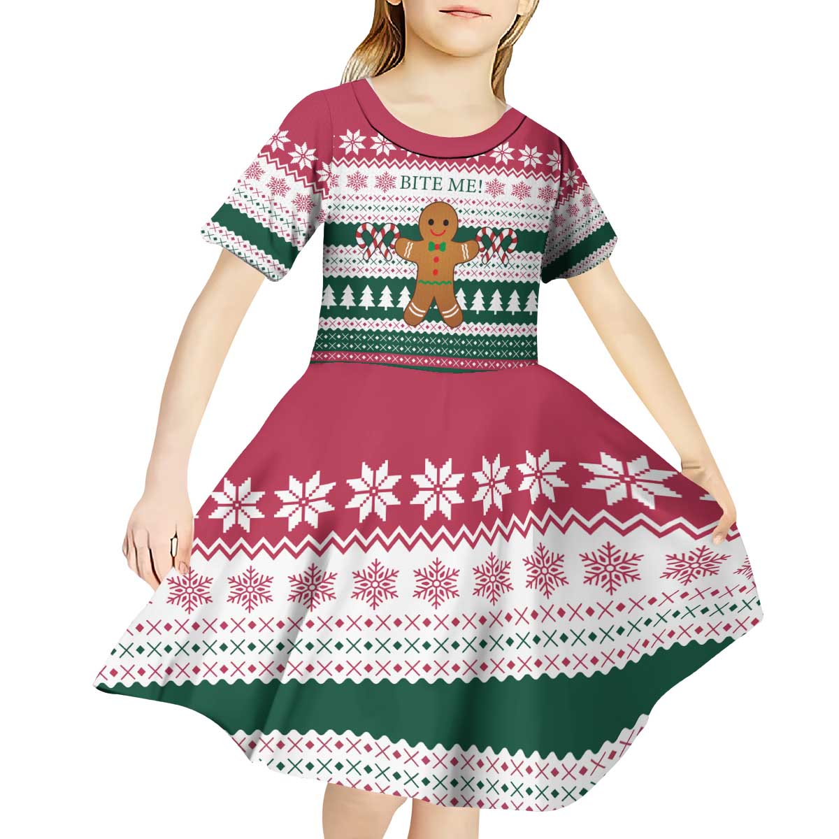 Christmas Cookies Bite Me Kid Short Sleeve Dress with Gingerbread Man Candy Canes and Snowflake Tree - Wonder Print Shop
