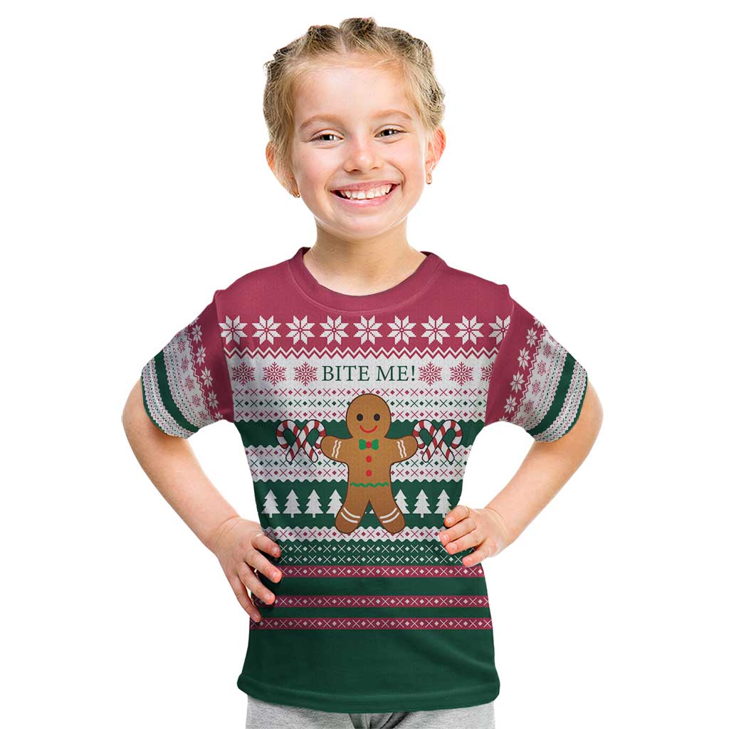 Christmas Cookies Bite Me Kid T Shirt with Gingerbread Man Candy Canes and Snowflake Tree - Wonder Print Shop