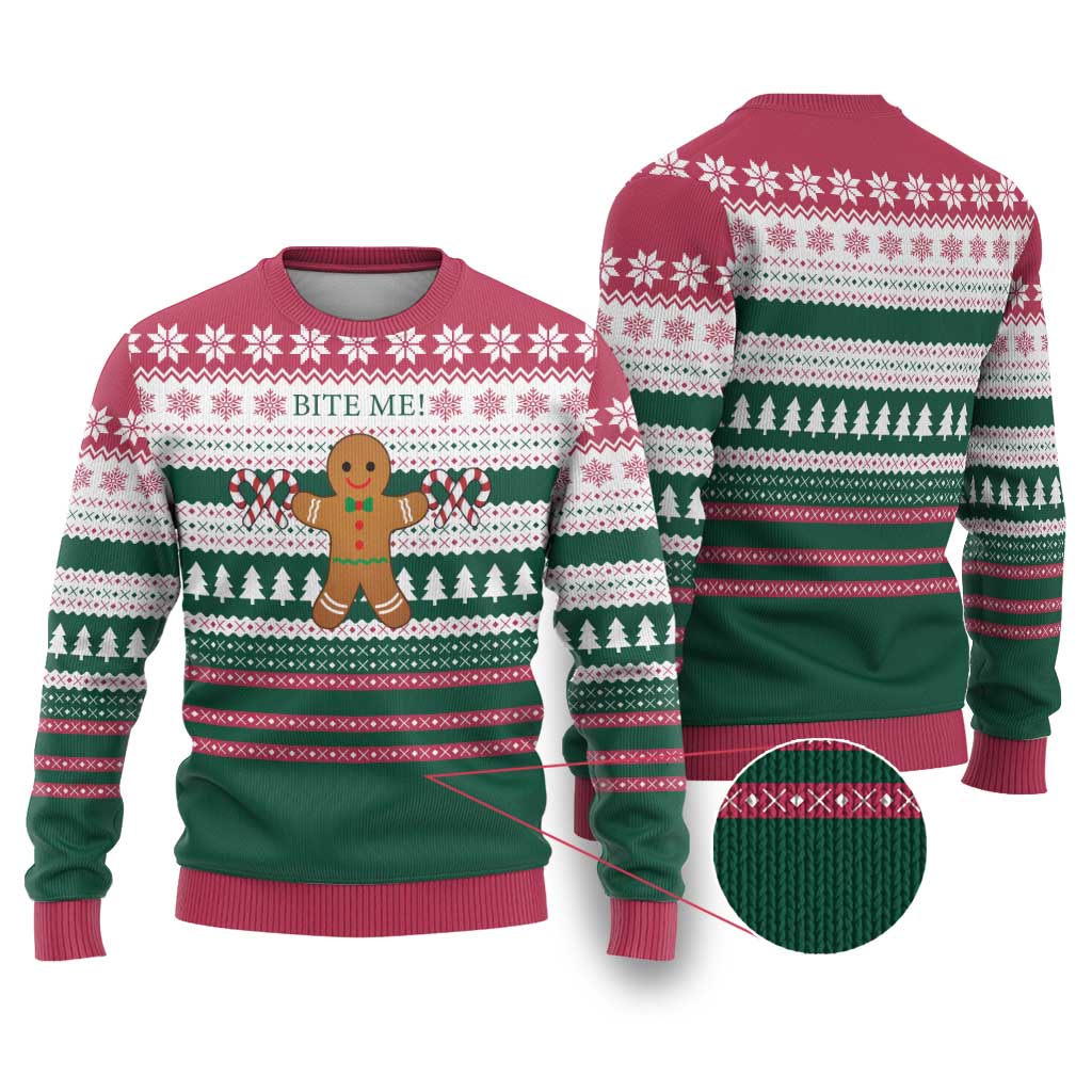 Christmas Cookies Bite Me Ugly Christmas Sweater with Gingerbread Man Candy Canes and Snowflake Tree - Wonder Print Shop