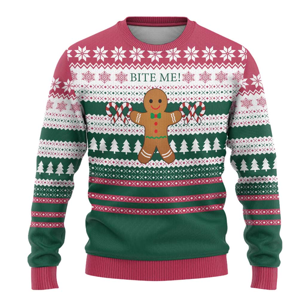 Christmas Cookies Bite Me Ugly Christmas Sweater with Gingerbread Man Candy Canes and Snowflake Tree - Wonder Print Shop