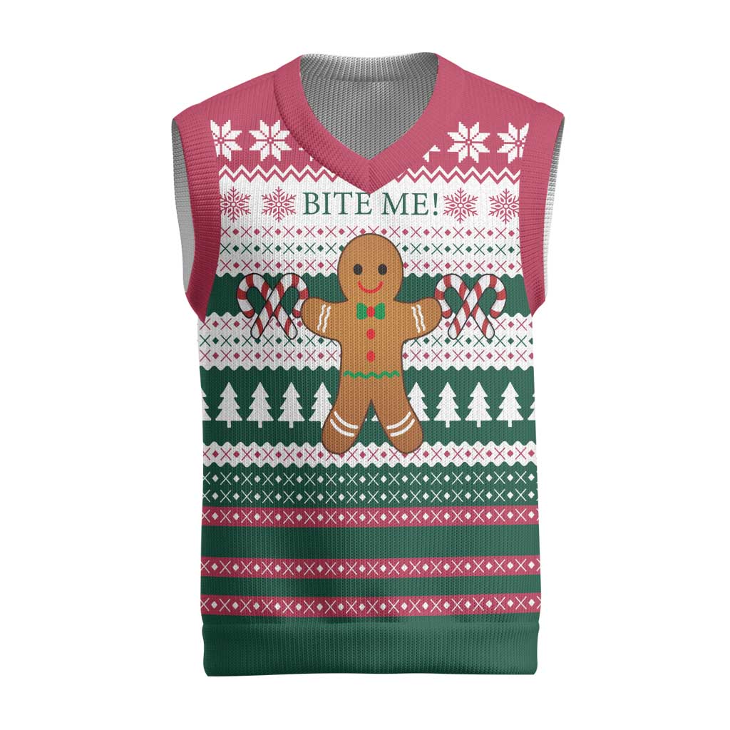 Christmas Cookies Bite Me Christmas Knitted V-Neck Vest with Gingerbread Man Candy Canes and Snowflake Tree - Wonder Print Shop