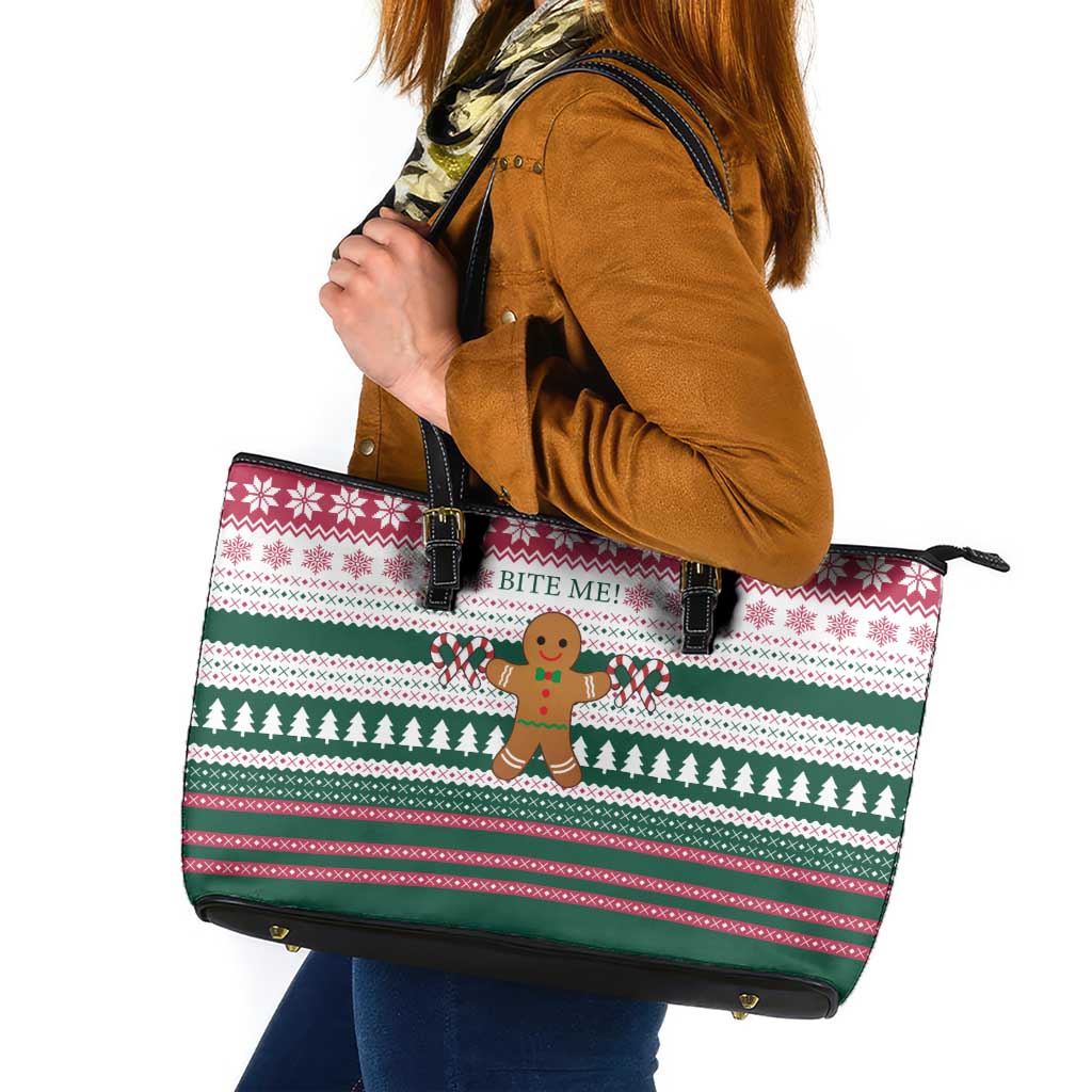 Christmas Cookies Bite Me Leather Tote Bag with Gingerbread Man Candy Canes and Snowflake Tree - Wonder Print Shop
