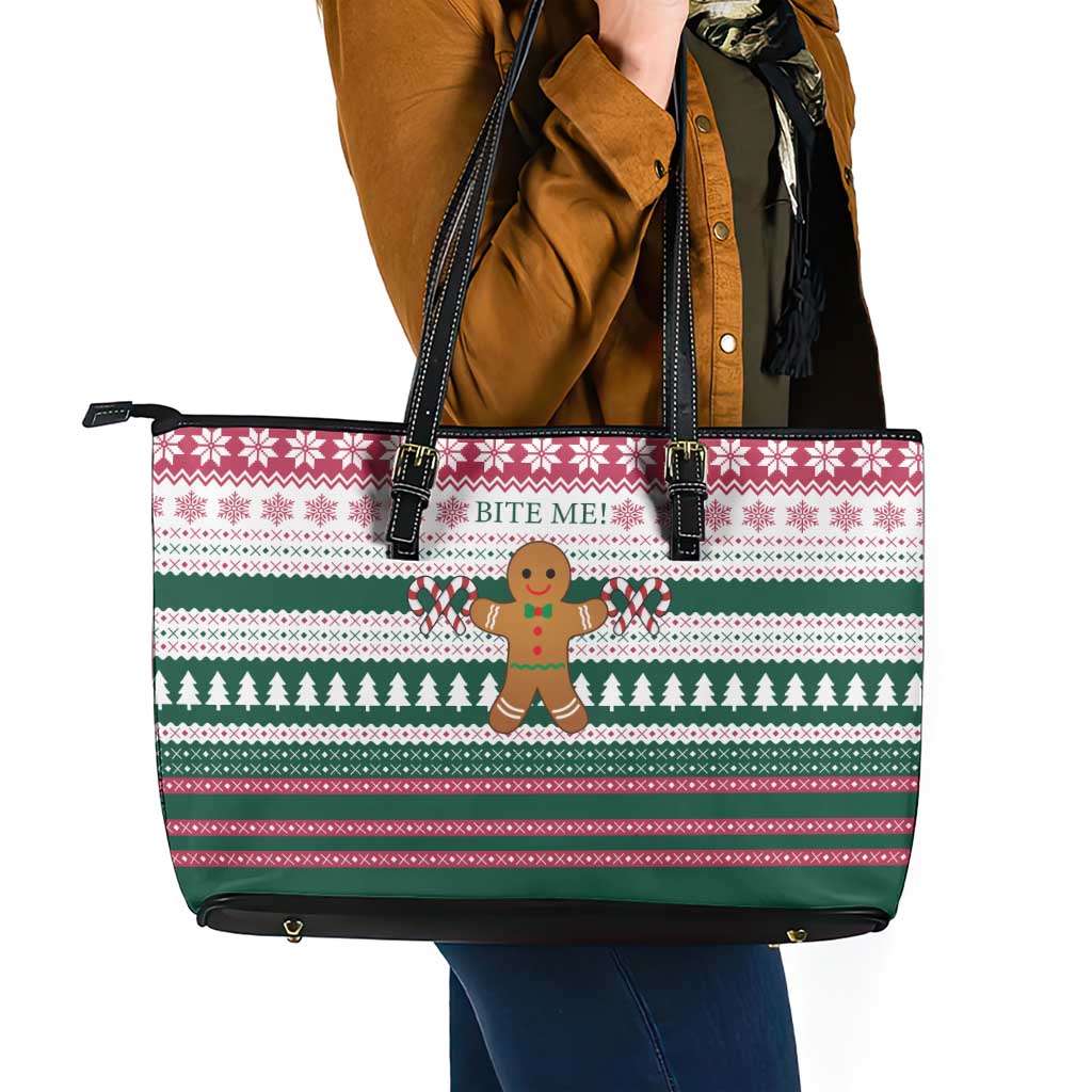 Christmas Cookies Bite Me Leather Tote Bag with Gingerbread Man Candy Canes and Snowflake Tree - Wonder Print Shop