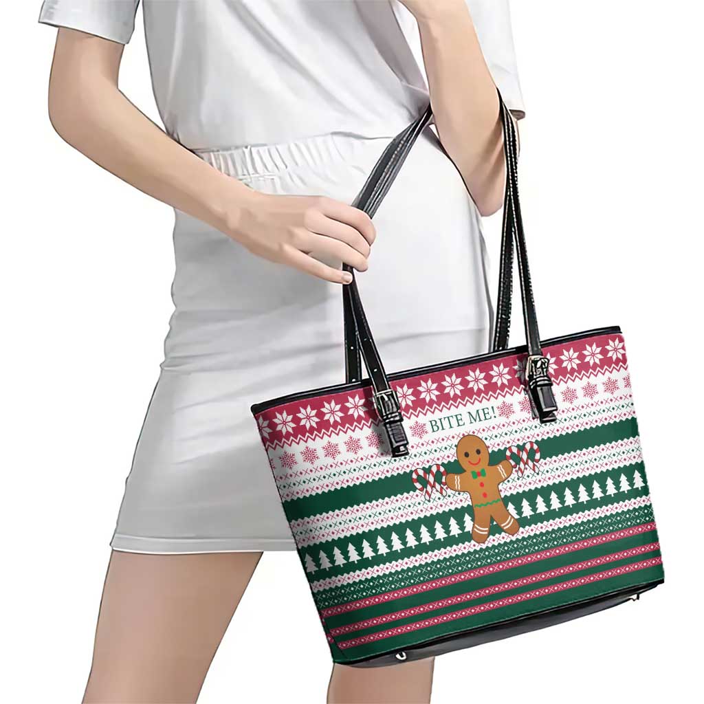 Christmas Cookies Bite Me Leather Tote Bag with Gingerbread Man Candy Canes and Snowflake Tree - Wonder Print Shop