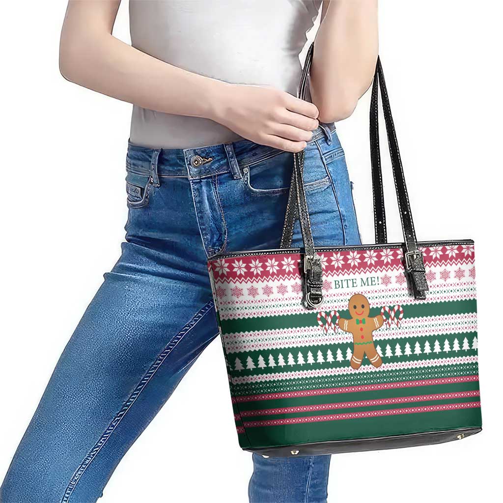 Christmas Cookies Bite Me Leather Tote Bag with Gingerbread Man Candy Canes and Snowflake Tree - Wonder Print Shop