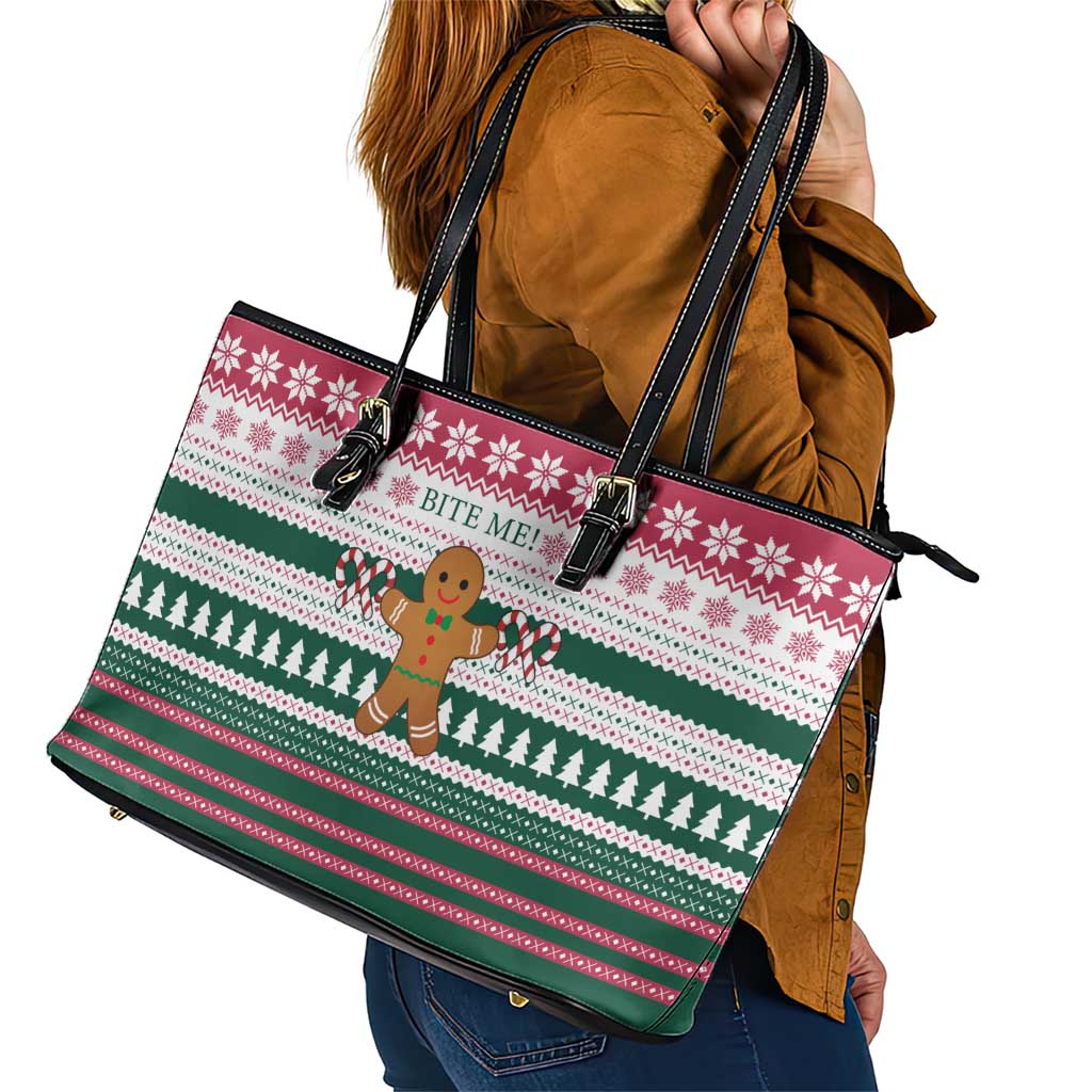 Christmas Cookies Bite Me Leather Tote Bag with Gingerbread Man Candy Canes and Snowflake Tree - Wonder Print Shop