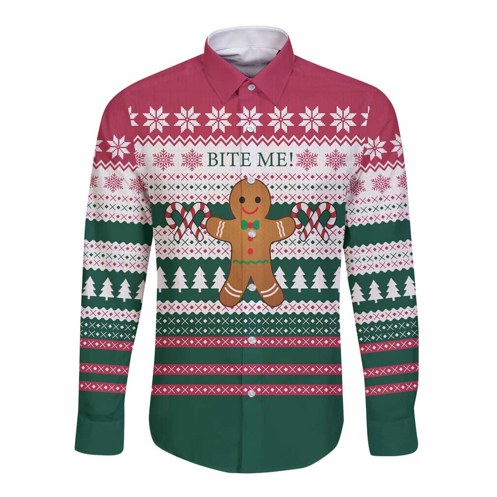 Christmas Cookies Bite Me Long Sleeve Button Shirt with Gingerbread Man Candy Canes and Snowflake Tree - Wonder Print Shop