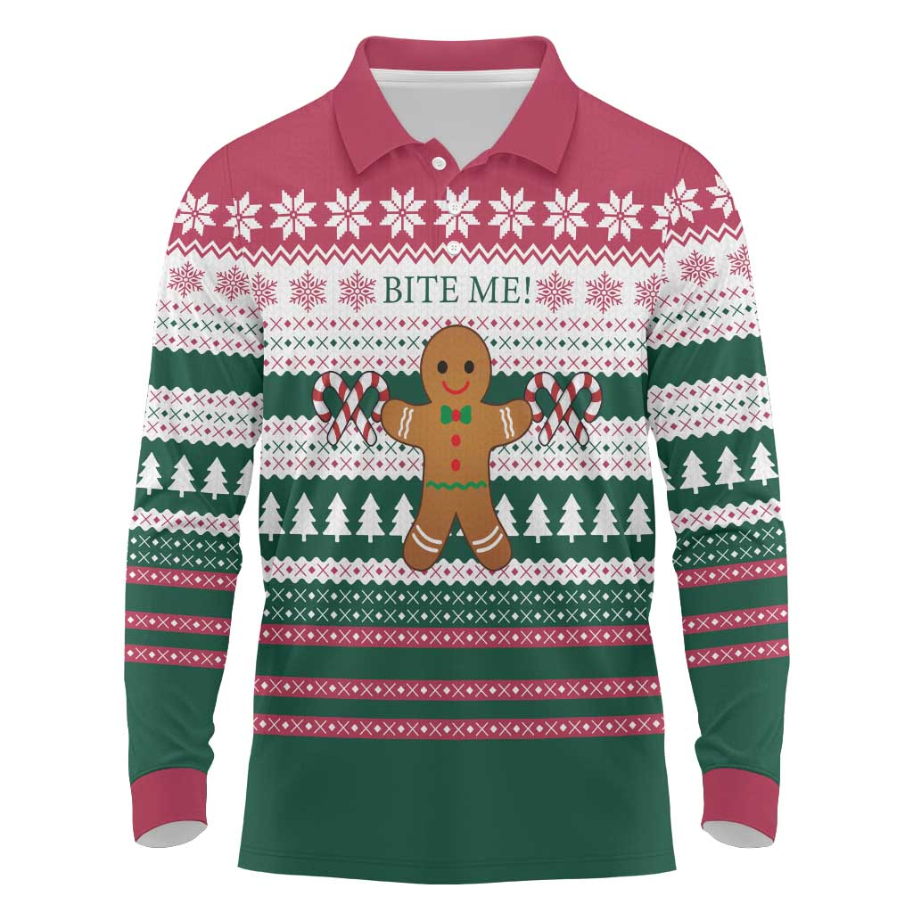 Christmas Cookies Bite Me Long Sleeve Polo Shirt with Gingerbread Man Candy Canes and Snowflake Tree - Wonder Print Shop