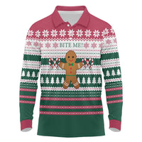 Christmas Cookies Bite Me Long Sleeve Polo Shirt with Gingerbread Man Candy Canes and Snowflake Tree - Wonder Print Shop
