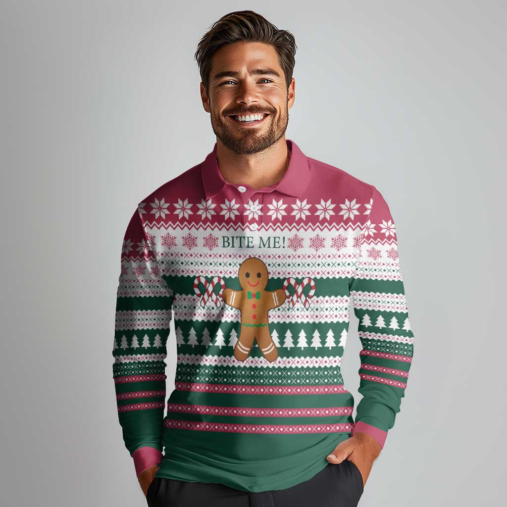Christmas Cookies Bite Me Long Sleeve Polo Shirt with Gingerbread Man Candy Canes and Snowflake Tree - Wonder Print Shop