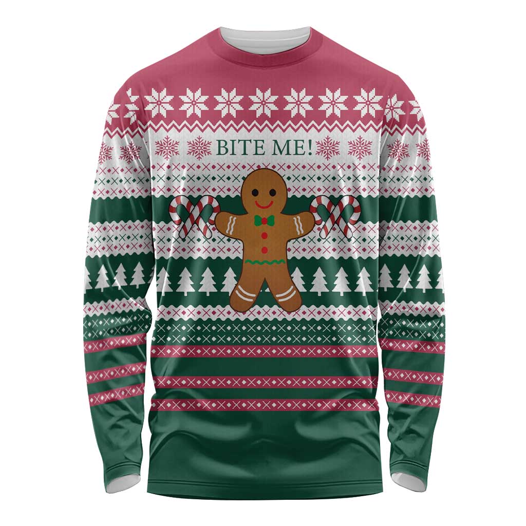 Christmas Cookies Bite Me Long Sleeve Shirt with Gingerbread Man Candy Canes and Snowflake Tree - Wonder Print Shop