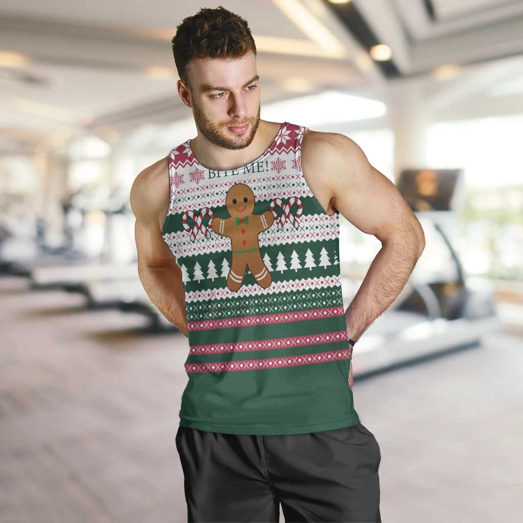Christmas Cookies Bite Me Men Tank Top with Gingerbread Man Candy Canes and Snowflake Tree - Wonder Print Shop