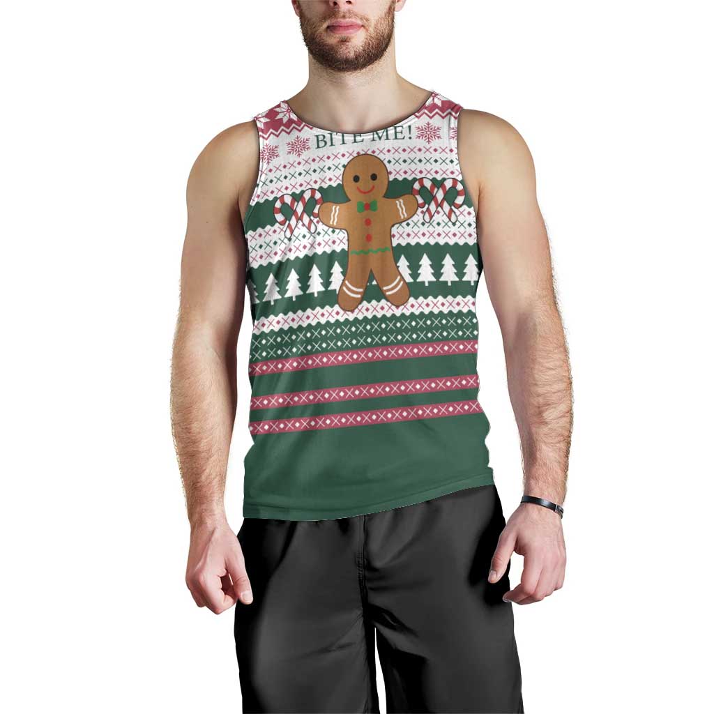 Christmas Cookies Bite Me Men Tank Top with Gingerbread Man Candy Canes and Snowflake Tree - Wonder Print Shop