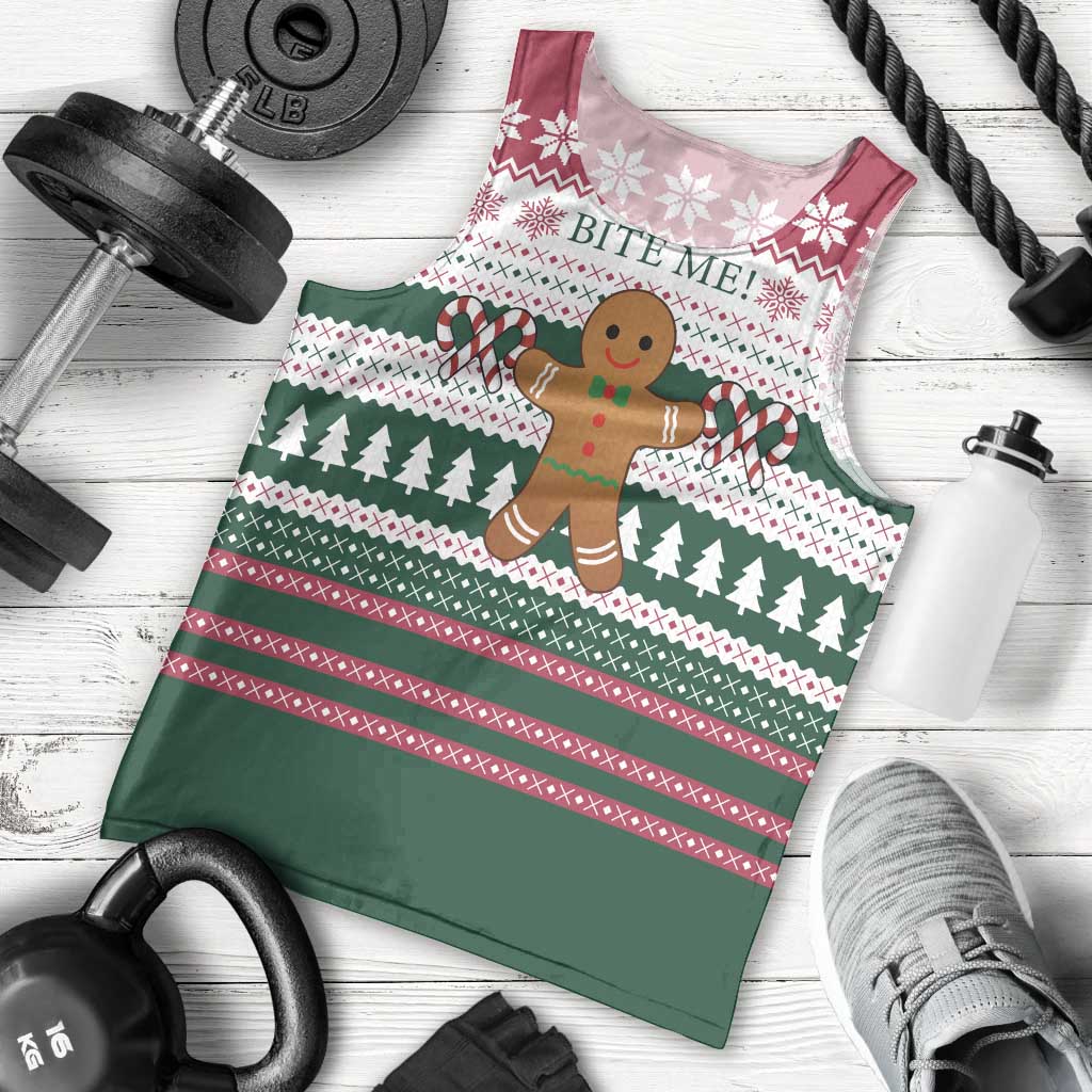 Christmas Cookies Bite Me Men Tank Top with Gingerbread Man Candy Canes and Snowflake Tree - Wonder Print Shop
