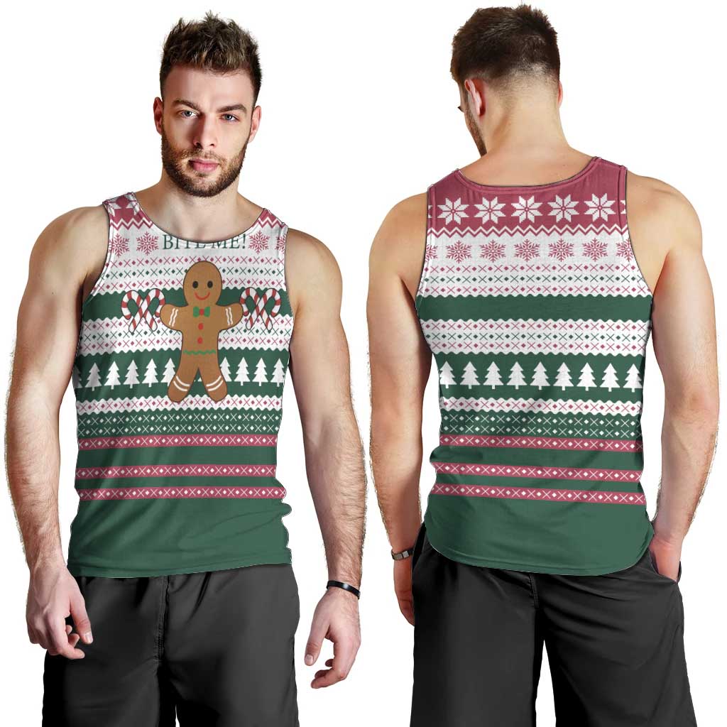 Christmas Cookies Bite Me Men Tank Top with Gingerbread Man Candy Canes and Snowflake Tree - Wonder Print Shop