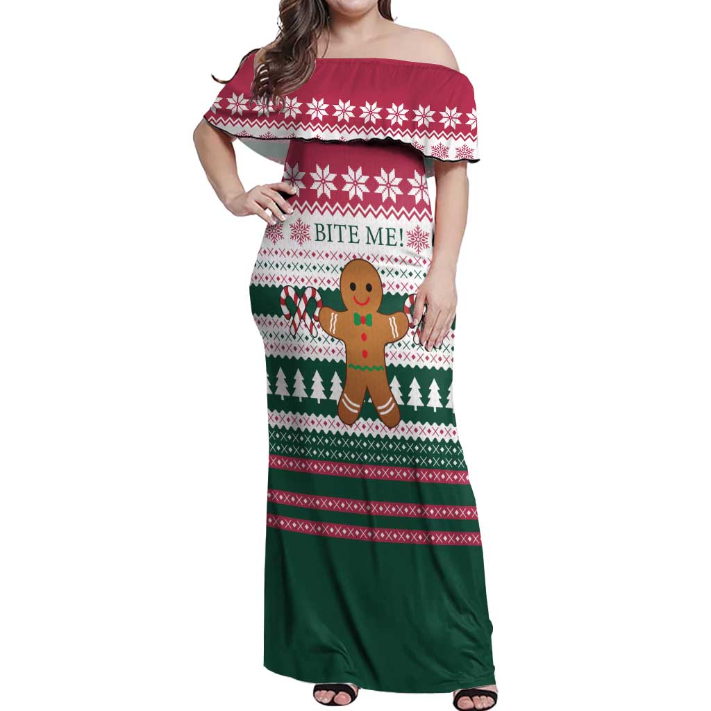 Christmas Cookies Bite Me Off Shoulder Maxi Dress with Gingerbread Man Candy Canes and Snowflake Tree - Wonder Print Shop