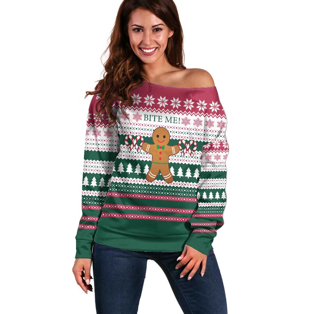 Christmas Cookies Bite Me Off Shoulder Sweater with Gingerbread Man Candy Canes and Snowflake Tree - Wonder Print Shop