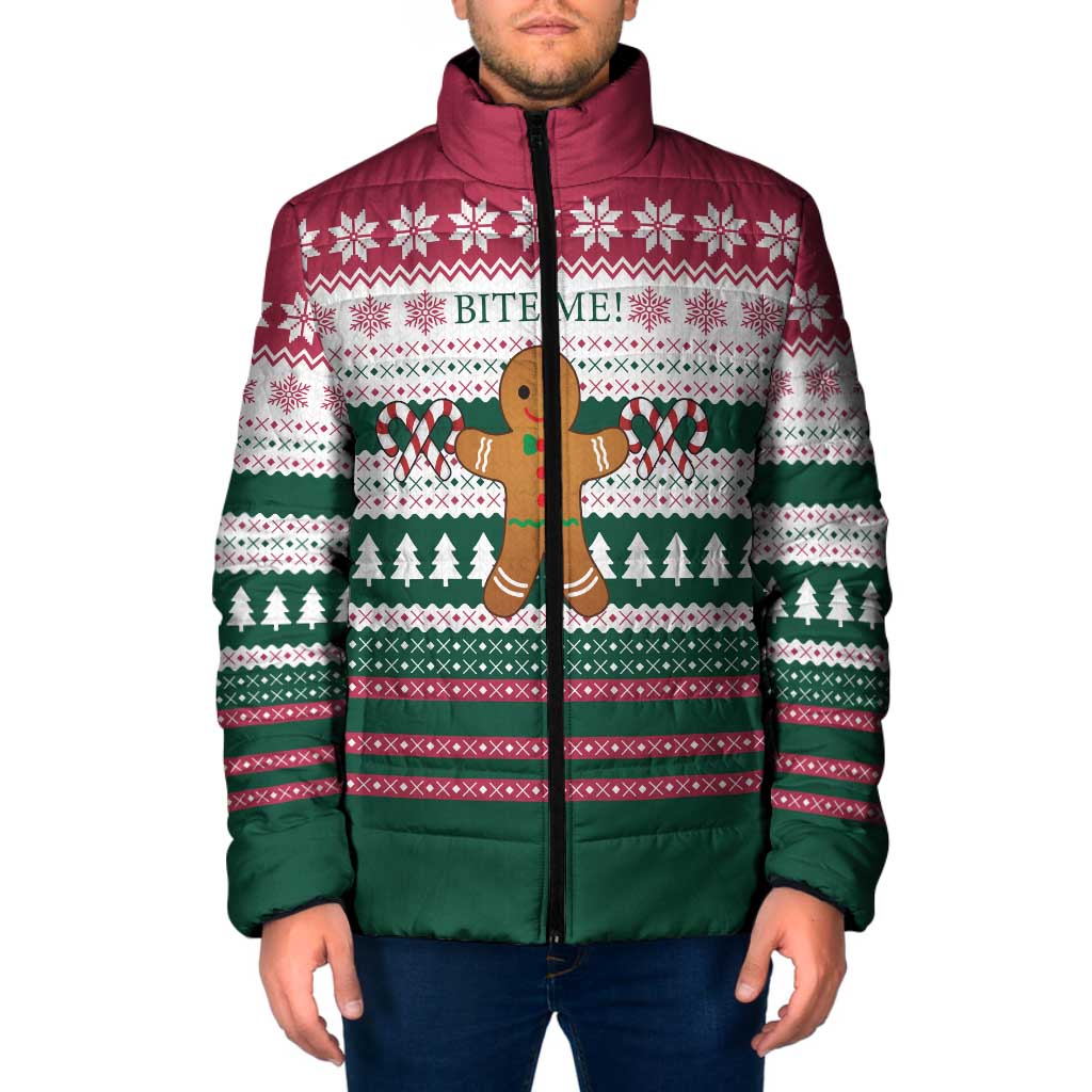 Christmas Cookies Bite Me Padded Jacket with Gingerbread Man Candy Canes and Snowflake Tree - Wonder Print Shop