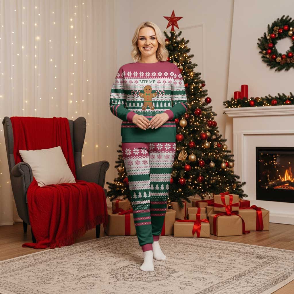 Christmas Cookies Bite Me Christmas Pajama Set with Gingerbread Man Candy Canes and Snowflake Tree - Wonder Print Shop