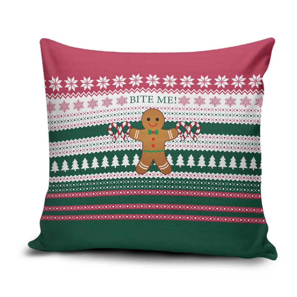 Christmas Cookies Bite Me Pillow Cover with Gingerbread Man Candy Canes and Snowflake Tree - Wonder Print Shop