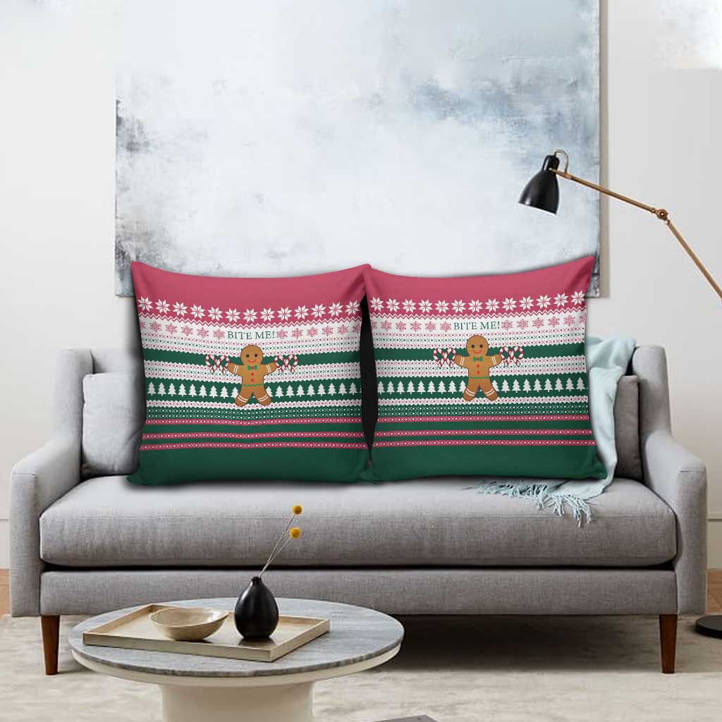 Christmas Cookies Bite Me Pillow Cover with Gingerbread Man Candy Canes and Snowflake Tree - Wonder Print Shop
