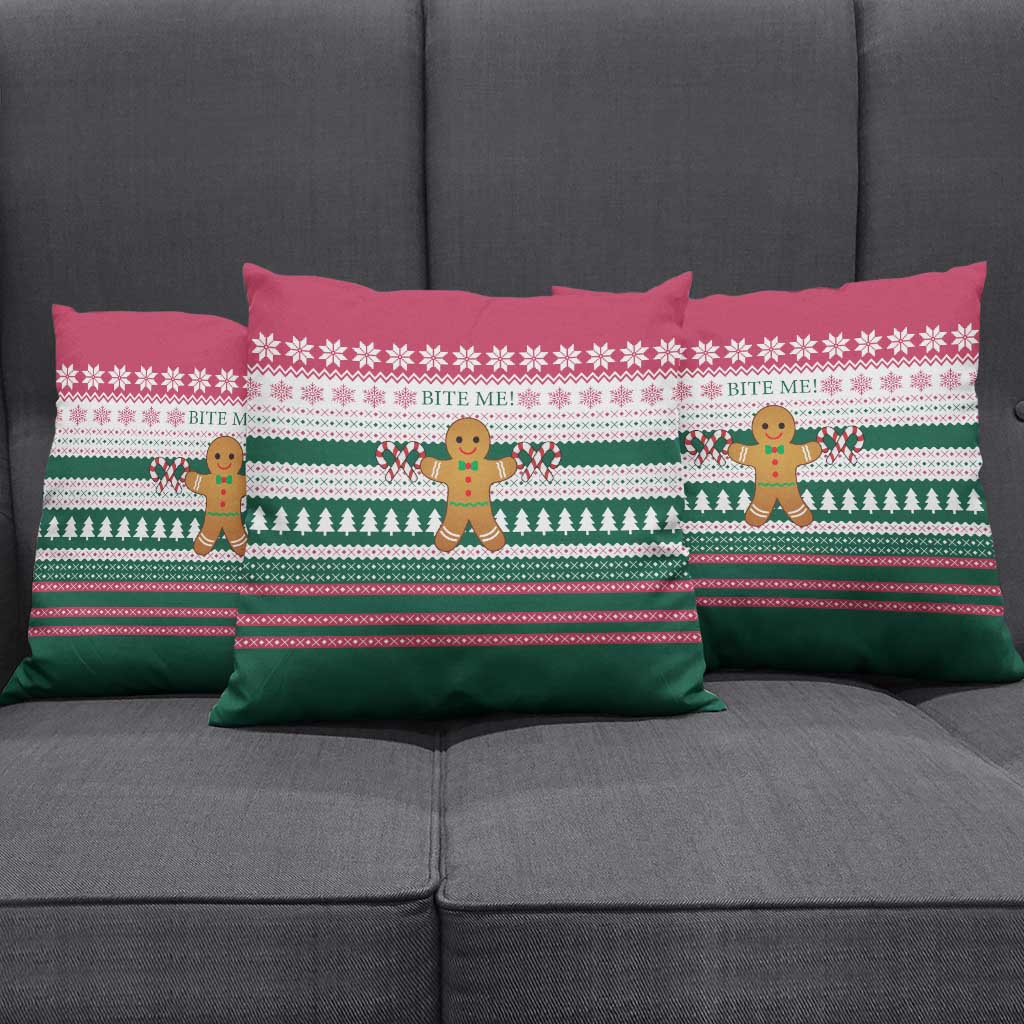 Christmas Cookies Bite Me Pillow Cover with Gingerbread Man Candy Canes and Snowflake Tree - Wonder Print Shop