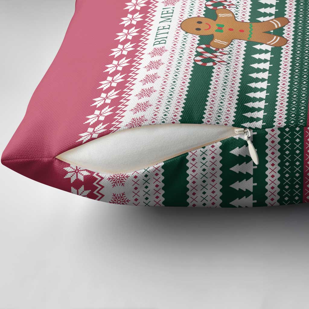Christmas Cookies Bite Me Pillow Cover with Gingerbread Man Candy Canes and Snowflake Tree - Wonder Print Shop