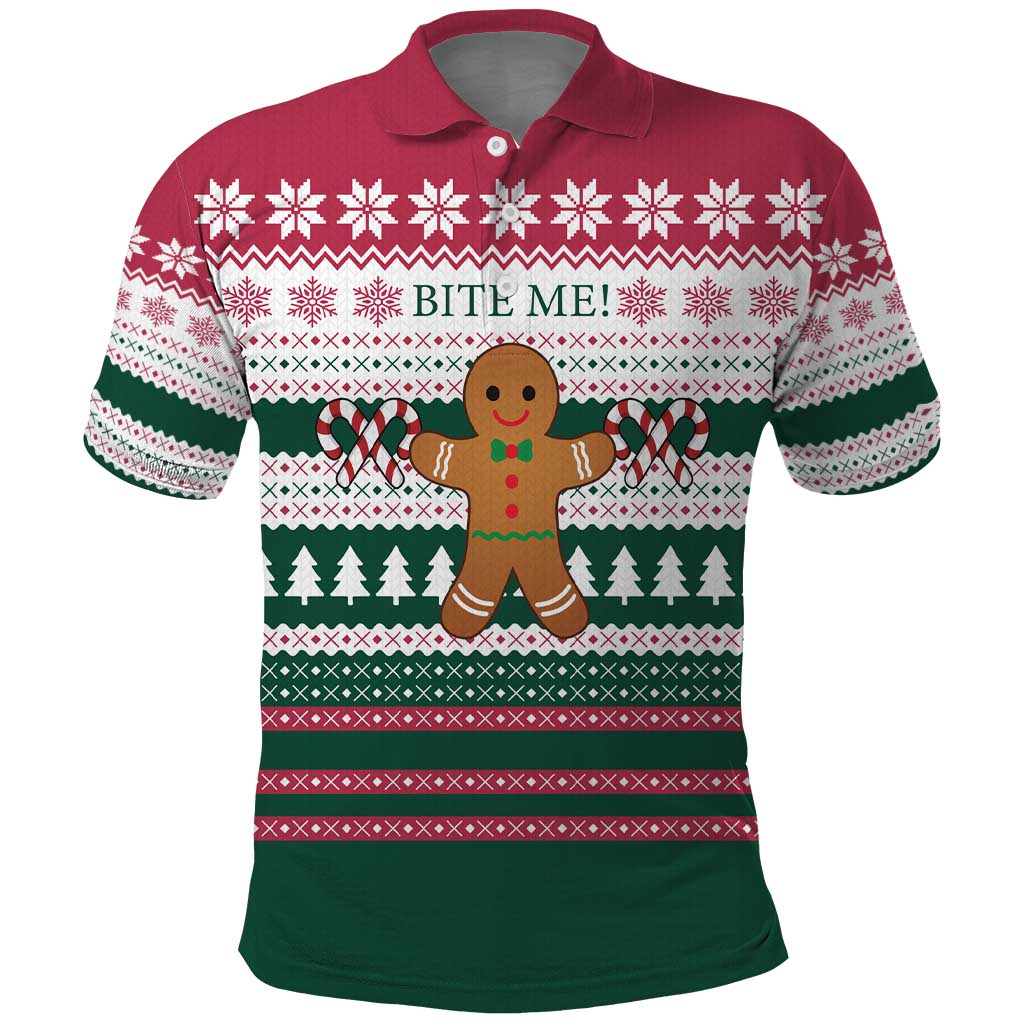 Christmas Cookies Bite Me Polo Shirt with Gingerbread Man Candy Canes and Snowflake Tree - Wonder Print Shop