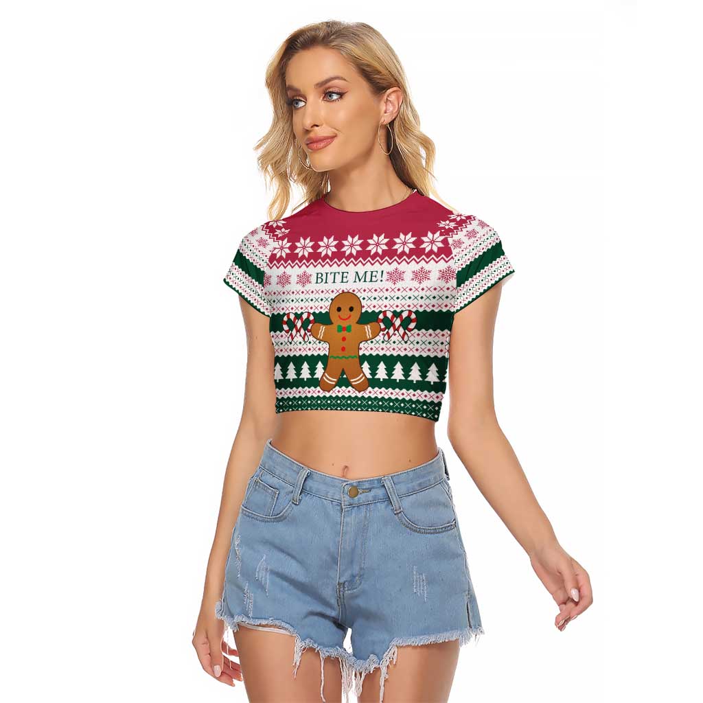 Christmas Cookies Bite Me Raglan Cropped T Shirt with Gingerbread Man Candy Canes and Snowflake Tree - Wonder Print Shop