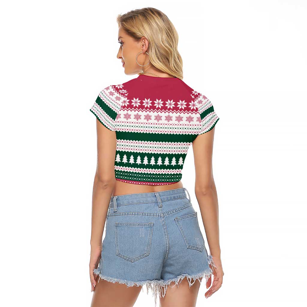 Christmas Cookies Bite Me Raglan Cropped T Shirt with Gingerbread Man Candy Canes and Snowflake Tree - Wonder Print Shop