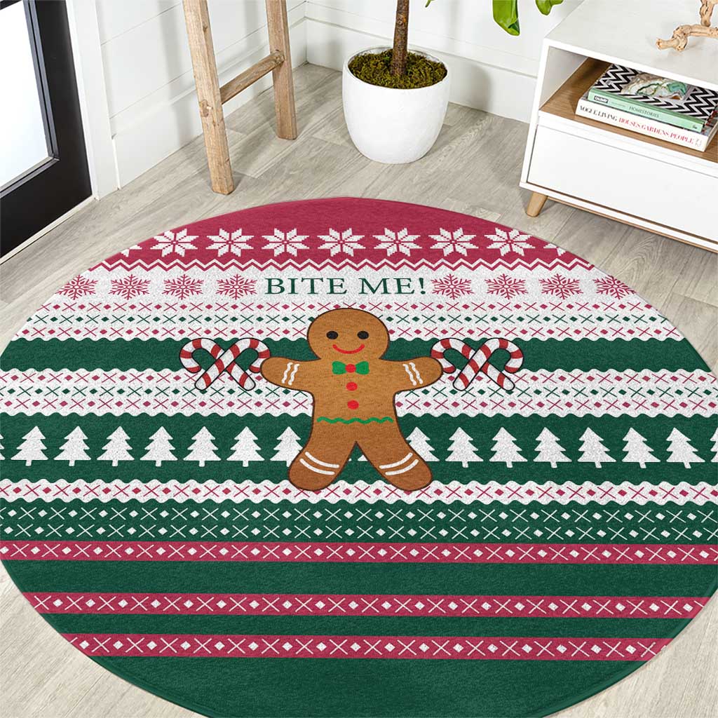 Christmas Cookies Bite Me Round Carpet with Gingerbread Man Candy Canes and Snowflake Tree - Wonder Print Shop