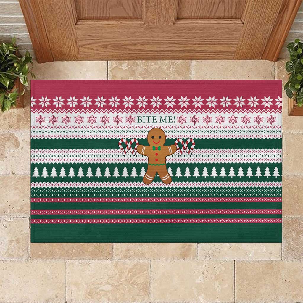 Christmas Cookies Bite Me Rubber Doormat with Gingerbread Man Candy Canes and Snowflake Tree - Wonder Print Shop