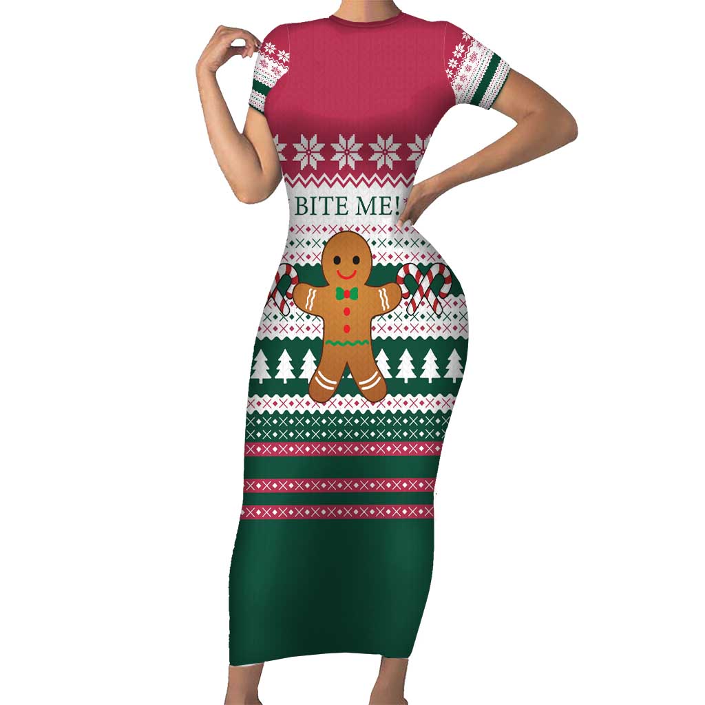 Christmas Cookies Bite Me Short Sleeve Bodycon Dress with Gingerbread Man Candy Canes and Snowflake Tree - Wonder Print Shop