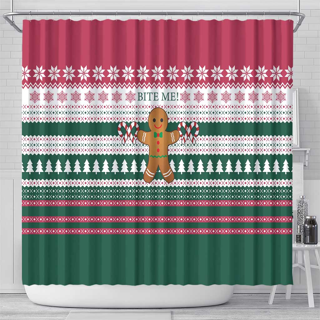 Christmas Cookies Bite Me Shower Curtain with Gingerbread Man Candy Canes and Snowflake Tree - Wonder Print Shop