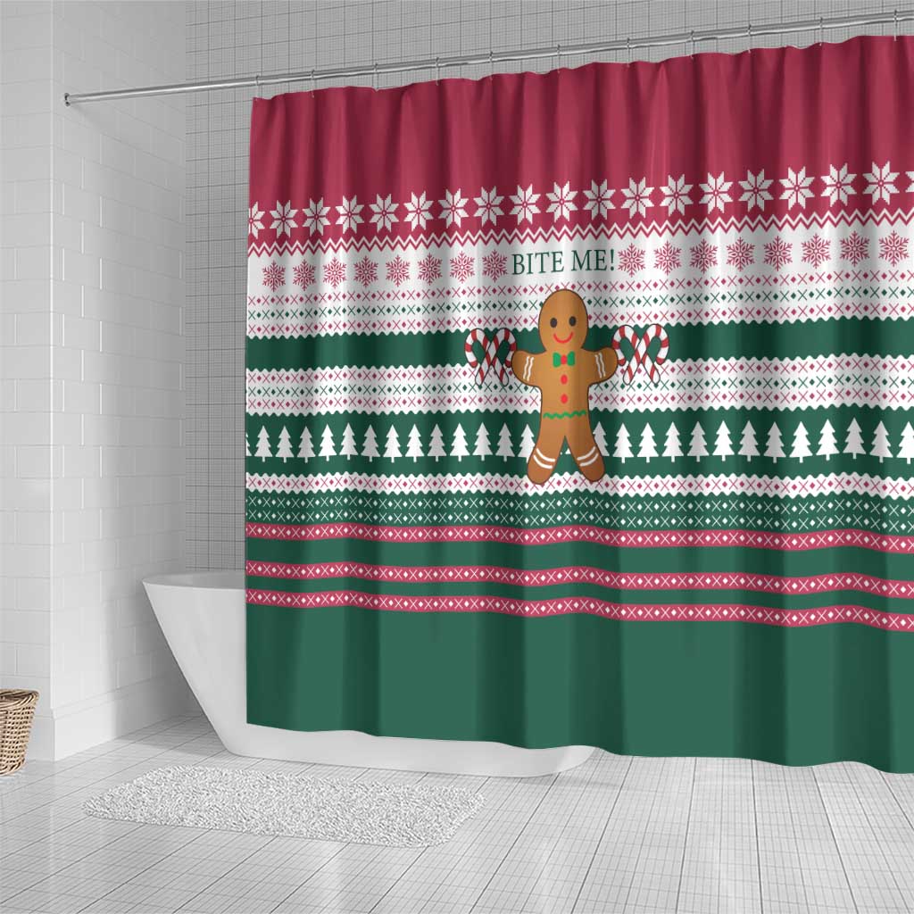 Christmas Cookies Bite Me Shower Curtain with Gingerbread Man Candy Canes and Snowflake Tree - Wonder Print Shop