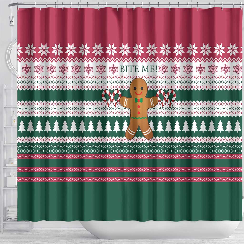 Christmas Cookies Bite Me Shower Curtain with Gingerbread Man Candy Canes and Snowflake Tree - Wonder Print Shop