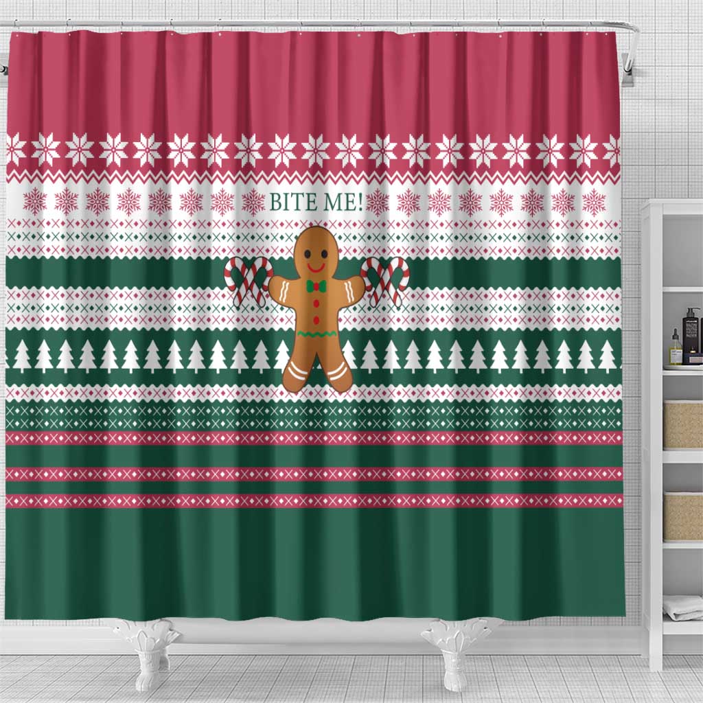 Christmas Cookies Bite Me Shower Curtain with Gingerbread Man Candy Canes and Snowflake Tree - Wonder Print Shop