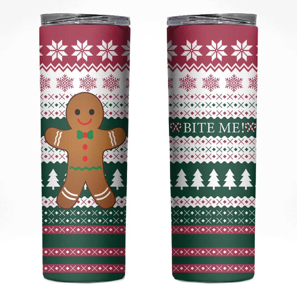 Christmas Cookies Bite Me Skinny Tumbler with Gingerbread Man Candy Canes and Snowflake Tree - Wonder Print Shop