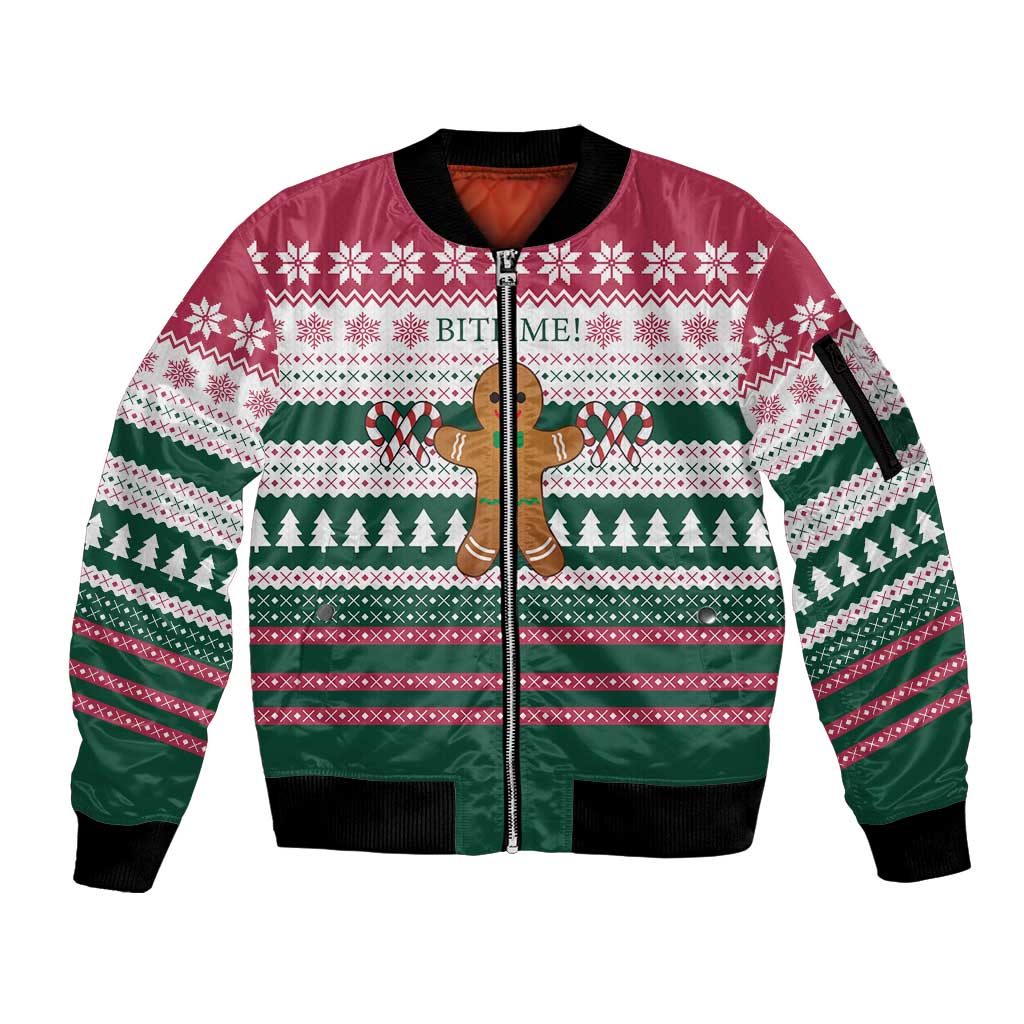 Christmas Cookies Bite Me Sleeve Zip Bomber Jacket with Gingerbread Man Candy Canes and Snowflake Tree - Wonder Print Shop