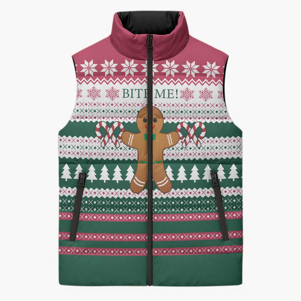 Christmas Cookies Bite Me Sleeveless Puffer Jacket with Gingerbread Man Candy Canes and Snowflake Tree - Wonder Print Shop