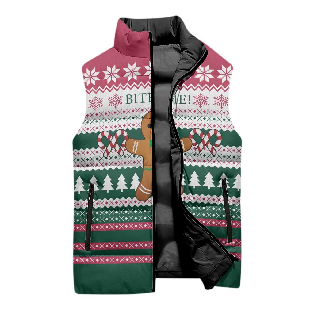 Christmas Cookies Bite Me Sleeveless Puffer Jacket with Gingerbread Man Candy Canes and Snowflake Tree - Wonder Print Shop