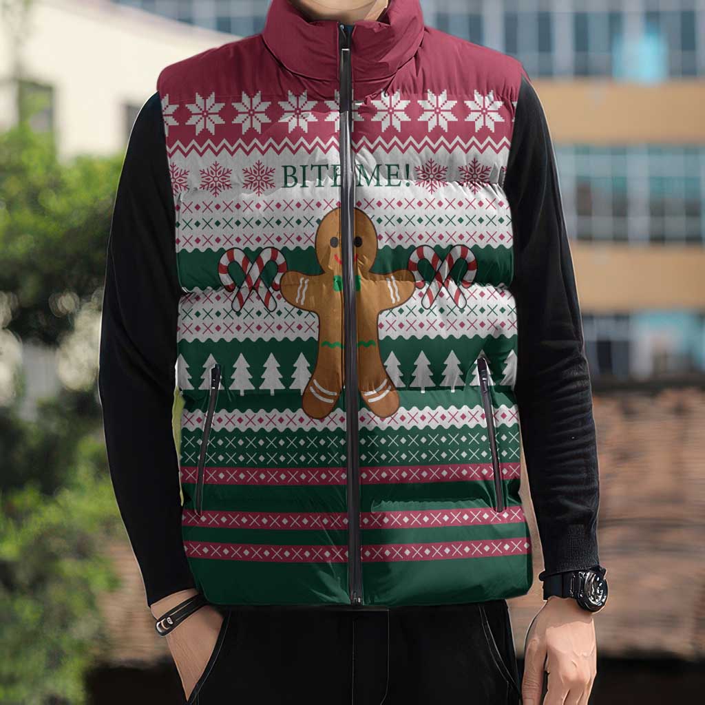 Christmas Cookies Bite Me Sleeveless Puffer Jacket with Gingerbread Man Candy Canes and Snowflake Tree - Wonder Print Shop