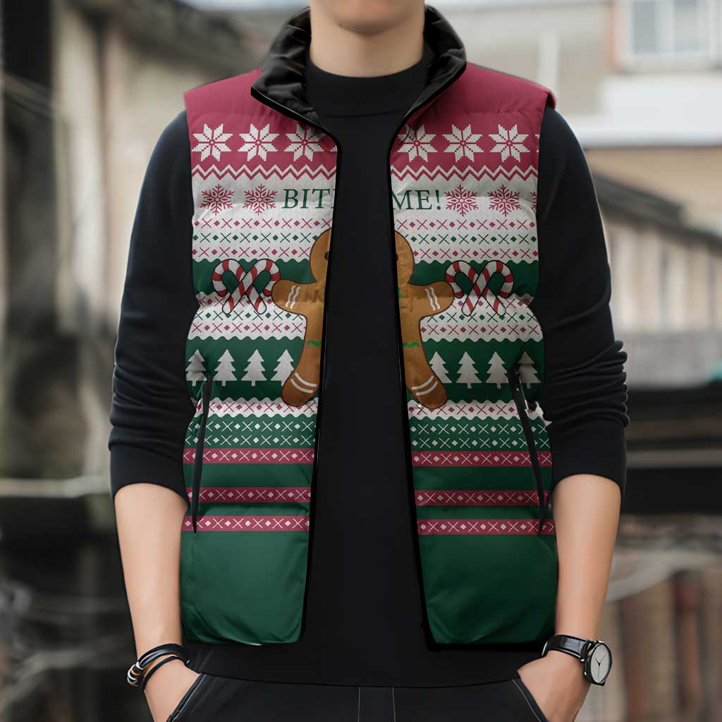 Christmas Cookies Bite Me Sleeveless Puffer Jacket with Gingerbread Man Candy Canes and Snowflake Tree - Wonder Print Shop