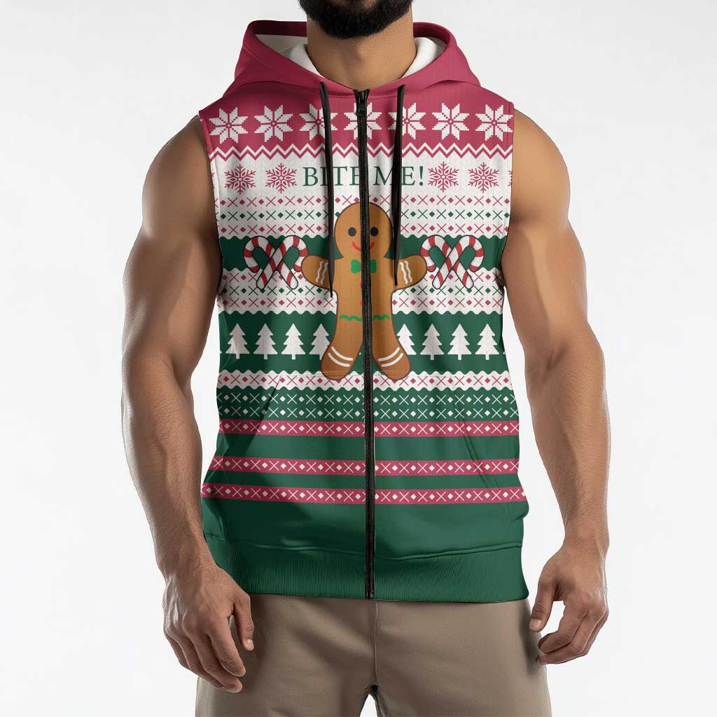 Christmas Cookies Bite Me Sleeveless Zip Hoodie with Gingerbread Man Candy Canes and Snowflake Tree - Wonder Print Shop